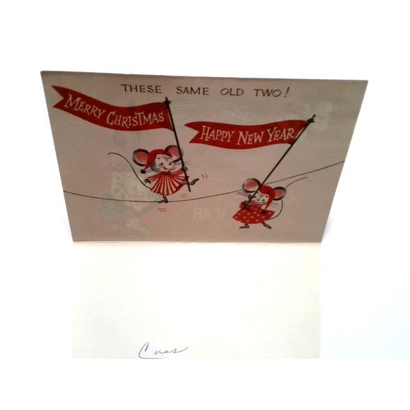 Vintage 1950s Made in USA Christmas Greeting Card Glitter Mouse Mice Design - Picture 2 of 7